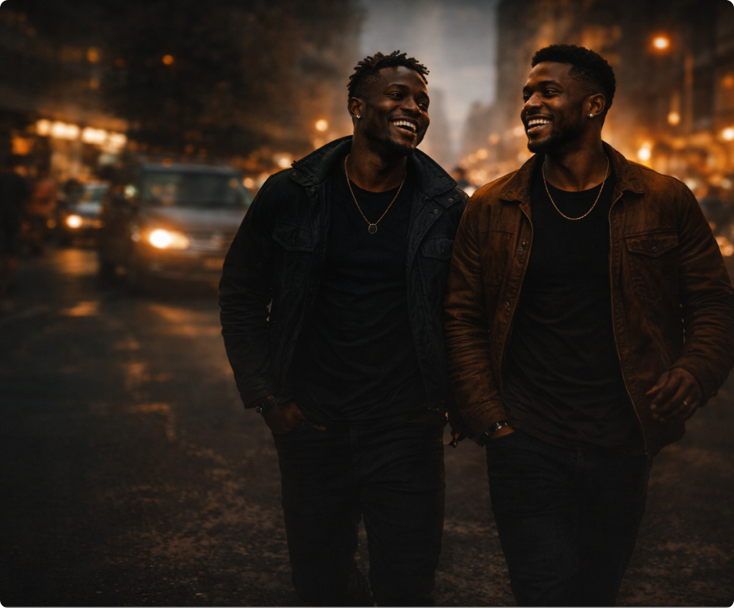 Two Nigerian-Americans smiling in a city